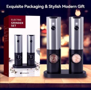 Set de 2 moulins électriques rechargeables USB avec grossièreté réglable pour sel, poivre et épices. Design moderne et pratique. Commandez maintenant !